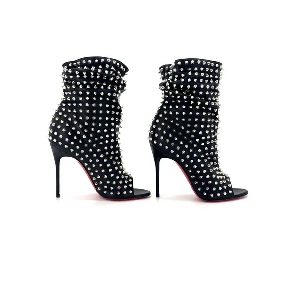 NEW Christian Louboutin Guerilla 100 Silver Spike Leather Peep Toe Booty 37.5 - Picture 6 of 10